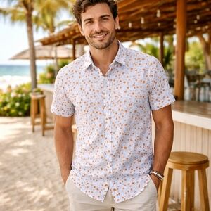 Bonobos Slim Fit Shirt Mens M White Orange Floral BOHO Summer Short Sleeve